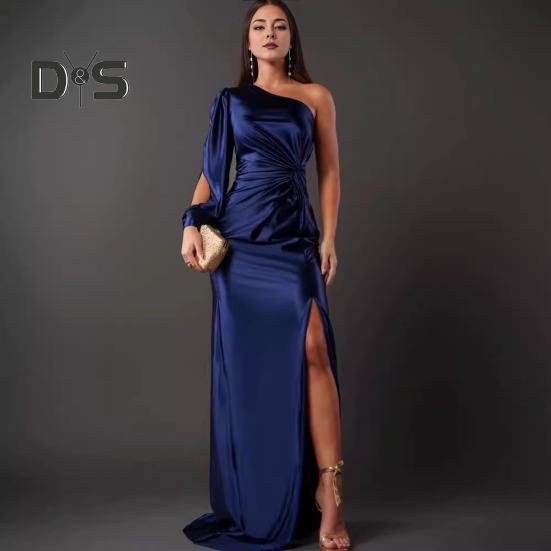 Женское вечернее платье на одно плечо без рукавов с разрезом по низу, однотонное, с заниженной талией, плиссированное, однотонное, с открытыми плечами, коктейльное, вечернее, макси-платье, бальное платье