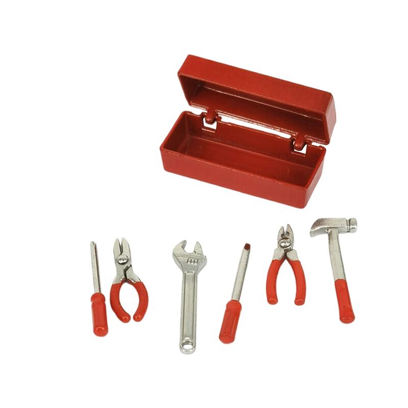1Set Dollhouse Miniature Toolbox (Tool Box+6 Tools) Simulation Handmade Tools Sets Model Doll House Scene Decor Toys Accessories