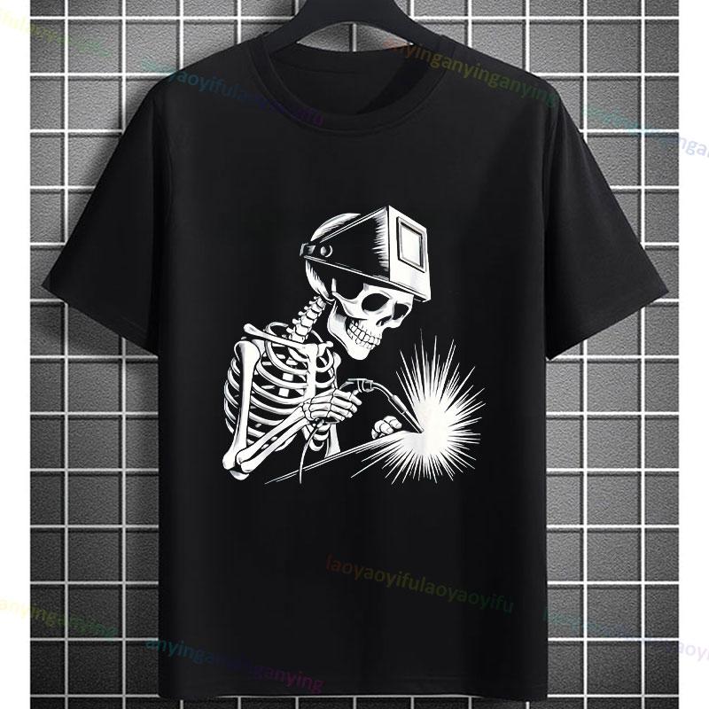 Unisexs Funny Welding Skeleton Graphic TShirt Fashion Shortsleeve Pure Cotton Oneck Casual Humor Style Tshirt Outdoor Clothing