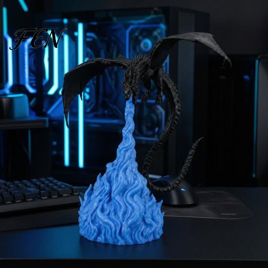 Creative Gift for Dragon Lovers 3D Printed Fire-Breathing Statue, Mystical Figurine with Flame Decor Base, Fantasy Desktop Ornament Bookshelf, Gaming
