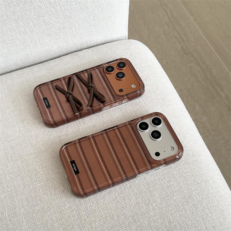 Maillard Brown Stripe 3D Bowknot Phone Case for iPhone 17/16 Pro Max/15/14 for Women