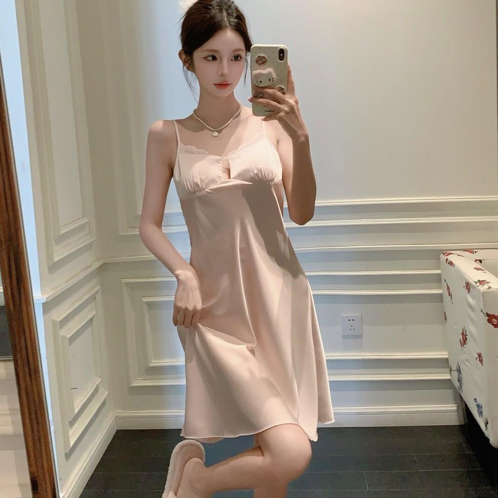 Ice Silk Sleepwear Women Summer Sleeveless Nightdress With V Neck For Home Relaxation