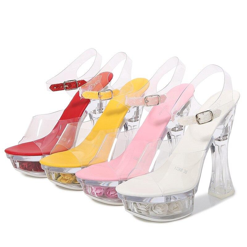 Женские босоножки на высоком каблуке 14 см, пикантные прозрачные цветы со светящимися кристаллами, толстый каблук, серия 10365, размер 14 см LFD