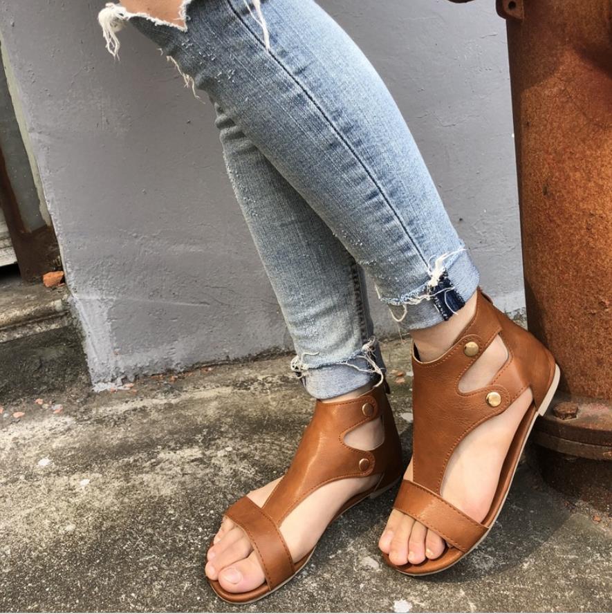 Модные женские сандалии-гладиаторы из натуральной кожи с вырезом в стиле ретро, неглубокие женские повседневные сандалии на плоской подошве, однотонные пляжные сандалии без застежек