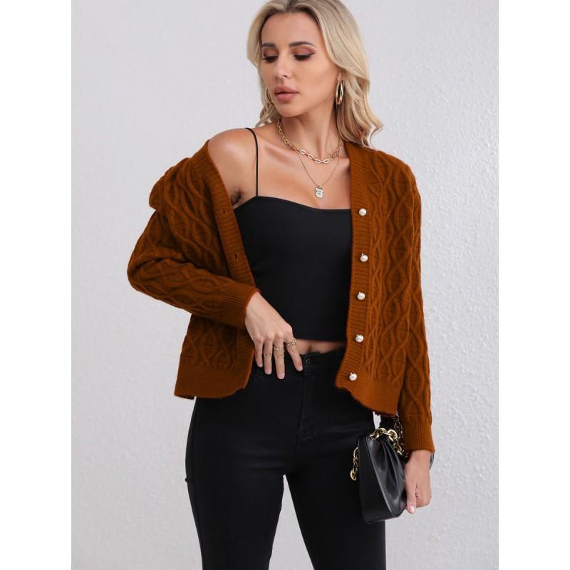 Womens V-Neck Knit Cardigan Sweater With Cable Twist Detail Thick Wool Blend Warm Outerwear