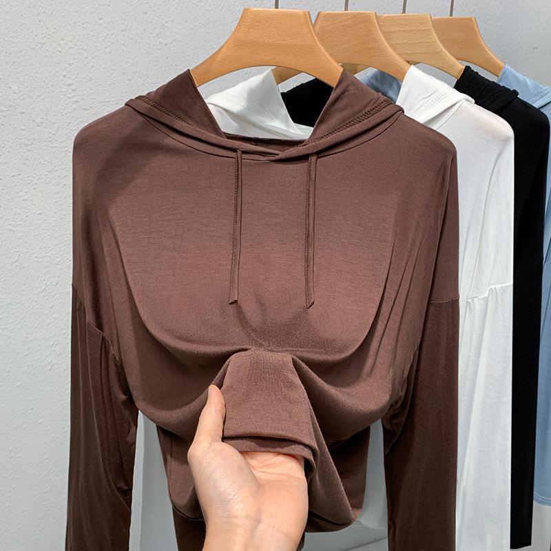 Черная Толстовка с Капюшоном Базовая Блузка из Модала для Женщин Осенью и Зимой Последняя Удобная Посадка Короткая Повседневная Куртка