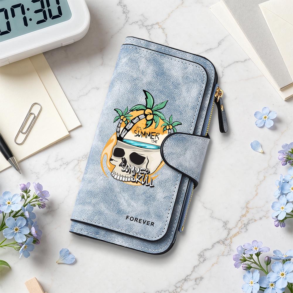 Summer Skull Print Long Wallet for Daily Use Fashion Portable Card Holder Casual Purse