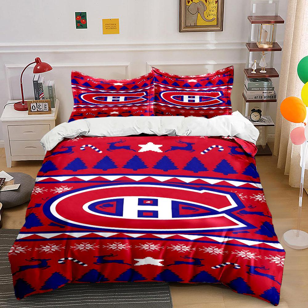 "Red Christmas Theme with Hockey Logo" Print Bedding Set Duvet Cover Pillowcases (1* Duvet Cover 2* Pillowcases Do Not Include Comforter)