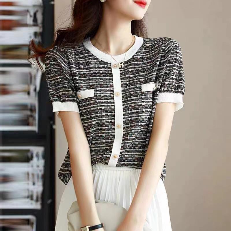 Трикотажная блузка Ice Silk, небольшой аромат, футболка с короткими рукавами, женская летняя тонкая круглая горловина, модный темперамент, свободная полосатая рубашка