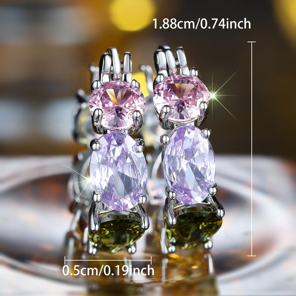 Creative Pink Purple Olive Green Zircon Hoop Earrings Women's Silver Color Circle Earrings Party Wedding Jewelry Gifts