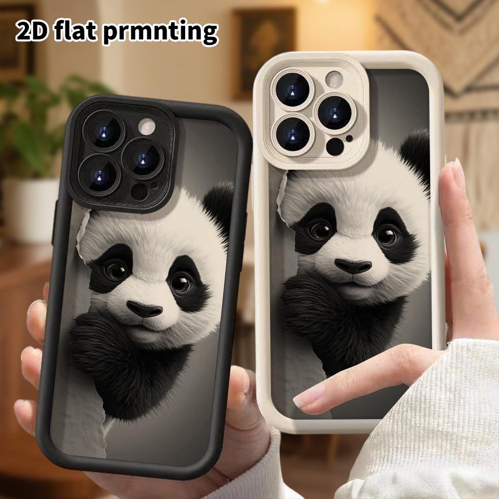 Phone case: 2D flat design suitable for iPhone 18 17 16 15 14 13 Pro step protection case, panda on the probe, Christmas and Halloween gift