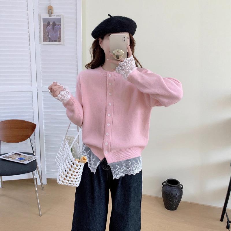 Женский трикотажный кардиган-жакет на осень и зиму, новый сезон, модный универсальный дизайн, кружевные вставки, вязаный кардиган-топ для женщин