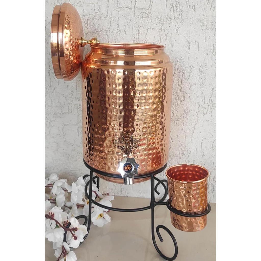 Pure Copper Hammered Design Water Pot Heavy Gauge with Brass Tap & Copper Glass & Stand, Storage & Serving Water, Volume- 5 Liters