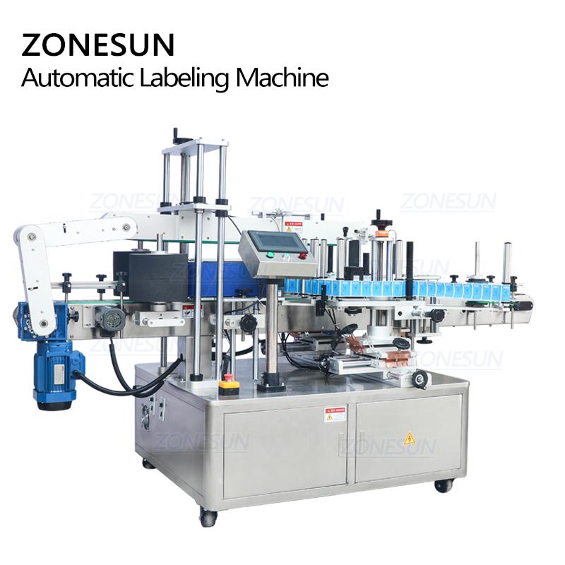 ZONESUN ZS-TB300 Automatic Vertical Double Sides Labeling Machine Sticker Applicator for Square Round Drink Juice Bottles