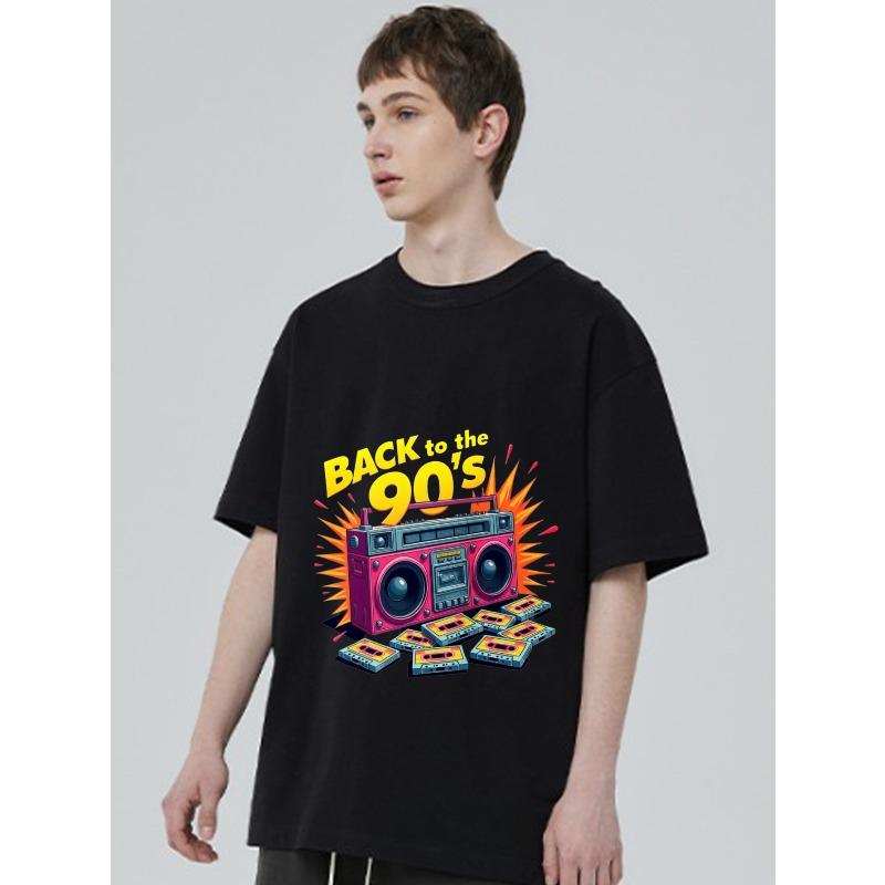 Футболка Back To The 90s черная с принтом бумбокса и кассеты, ретро одежда для вечеринки