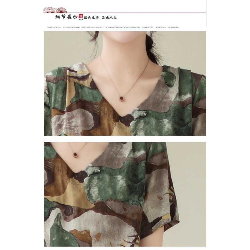 Temperament V-образный вырез миди винтажный принт свободная юбка А-силуэта с короткими рукавами платье