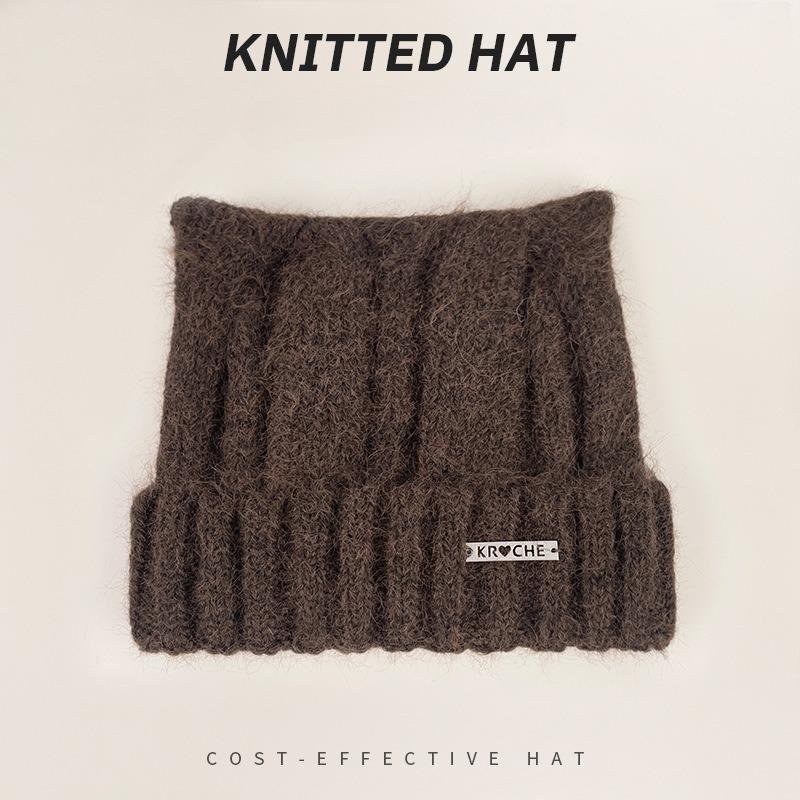 Милая шапка-бини с кошачьими ушками для женщин, однотонная, теплая вязаная шапка для улицы, защита ушей, шапка-пуловер, вязаный крючком берет