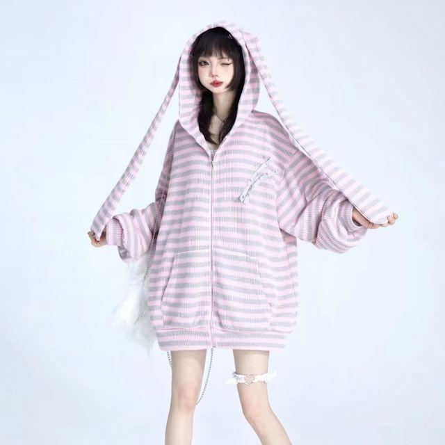 Y2k осенние милые свободные полосатые вязаные толстовки с кроличьими ушками женские толстовки с капюшоном на молнии кардиган пальто Kpop Kawaii одежда