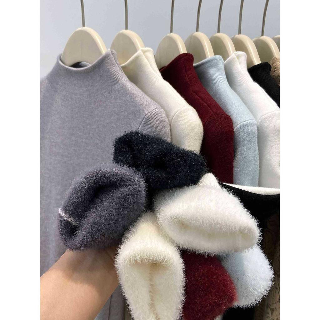 Autumn and Winter Integrated Fleece Knitted Sweater Semi-turtleneck Basic Inner Long-sleeved Top Women's Fleece Thickened Fashionable Primer Sweater