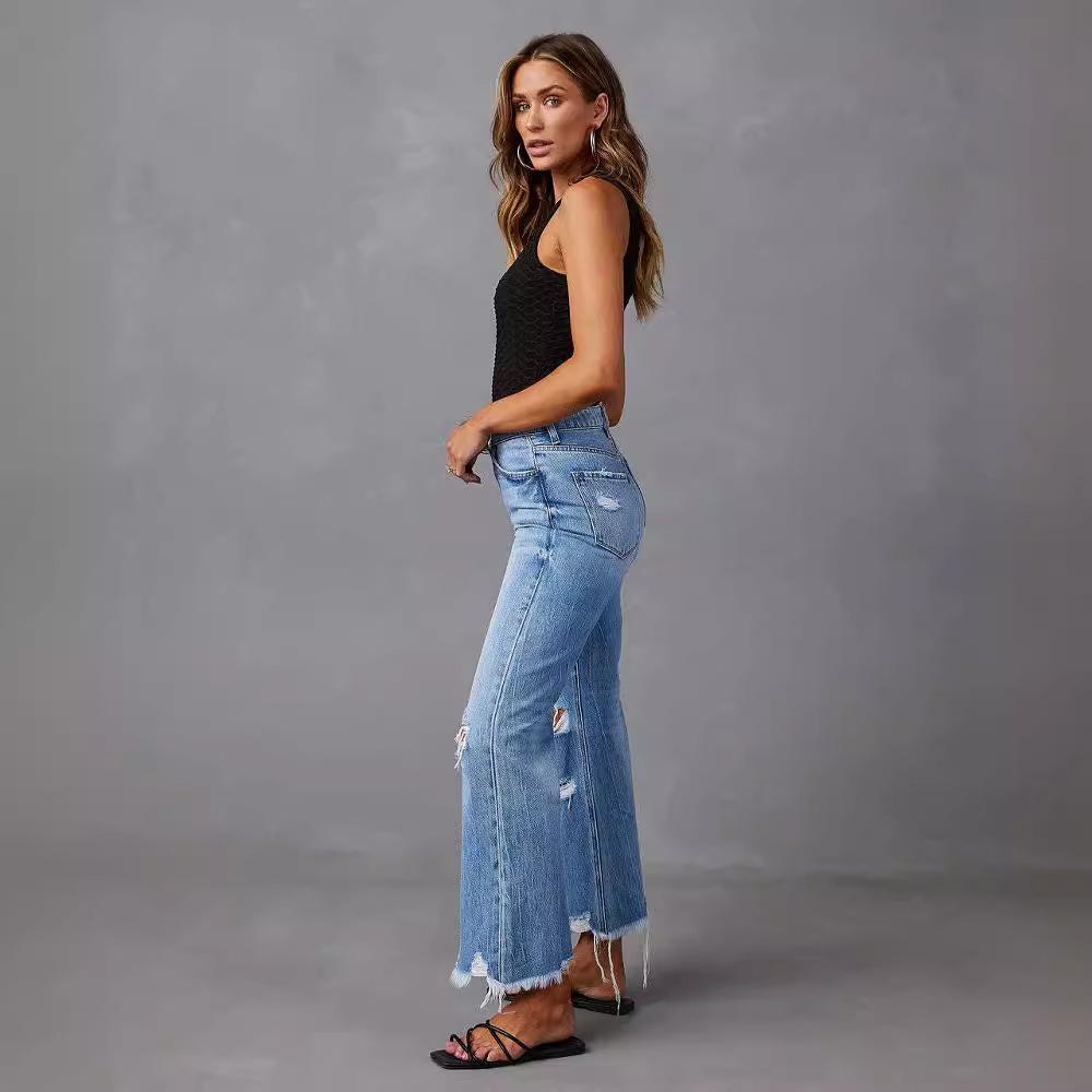 Spring and Summer Wide Leg Pants Washed, Tie Dyed, Ripped Hole High Waisted Jeans, Straight Leg Casual Pants