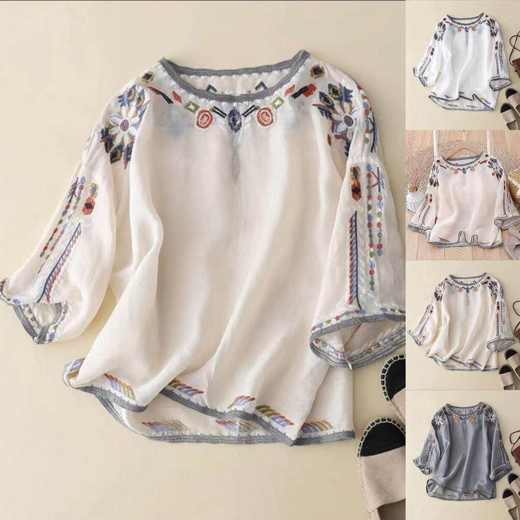 Summer Vintage Blouse Women Embroidery Shirts & Blouses Cotton Linen Chemise Ladies Loose Casual Pullover Tops