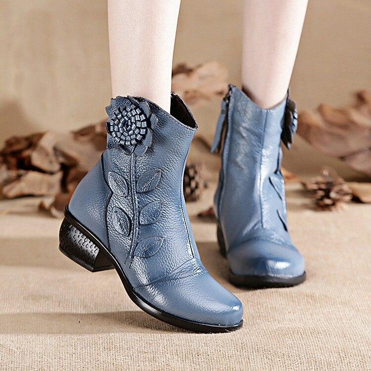 Genuine Leather Platform Boots Women Shoes Zip Round Toe Flower Leisure Sewing Ankle Boots