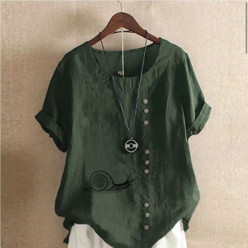 Women's Fashion Round Neck Short Sleeve T-shirt Casual Cotton Linen Graphic Shirt Leisure Loose Snail Prined Summer Blouse Tops