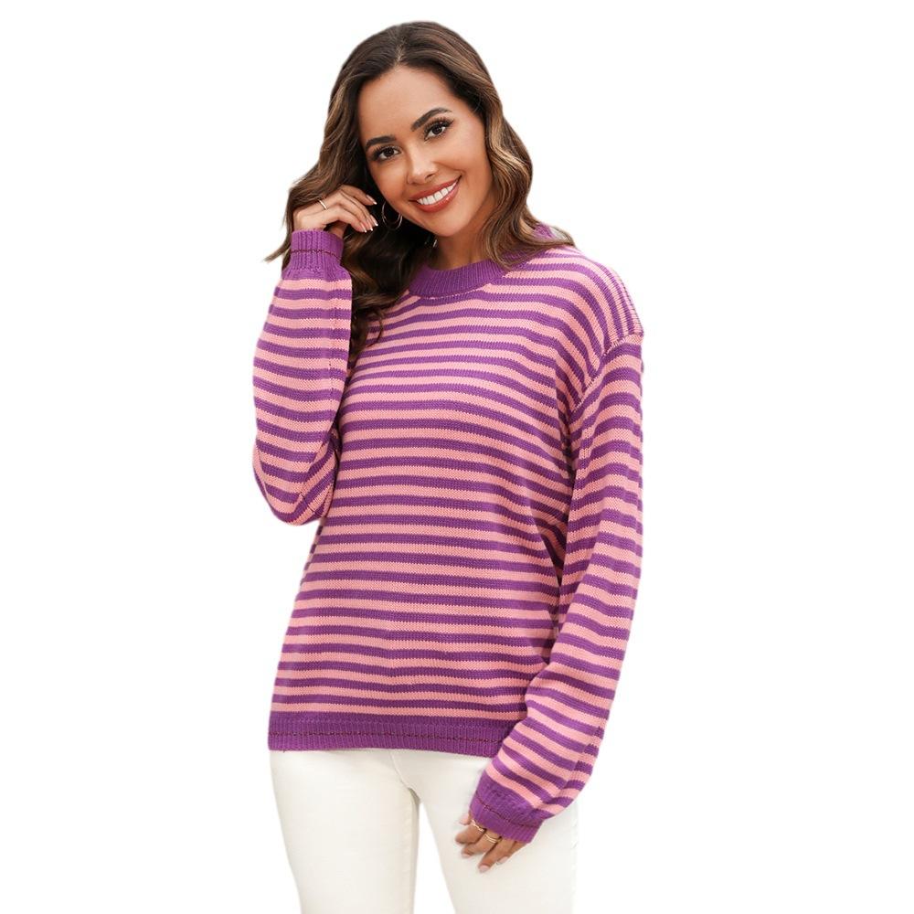 Женский осенне-зимний полосатый трикотажный топ с длинными рукавами