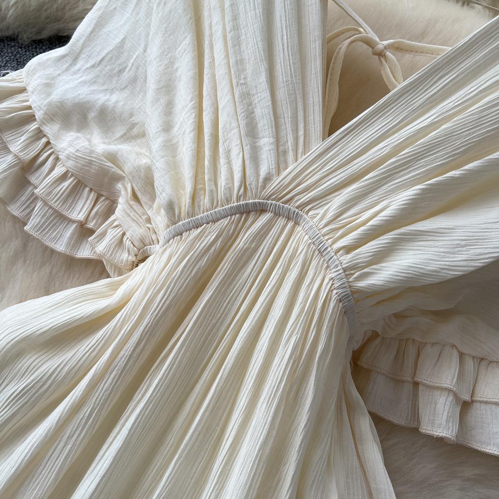 Летние женские платья макси с глубоким V-образным вырезом и оборками из цельного шифона большого размера в стиле бохо на пляже и праздниках