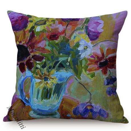 Multicolor Flowers Oil Painting Style Cotton Linen Pillow Case Rose Sunflower Violet Vase Sofa Decoration Cushion Cover Cojines