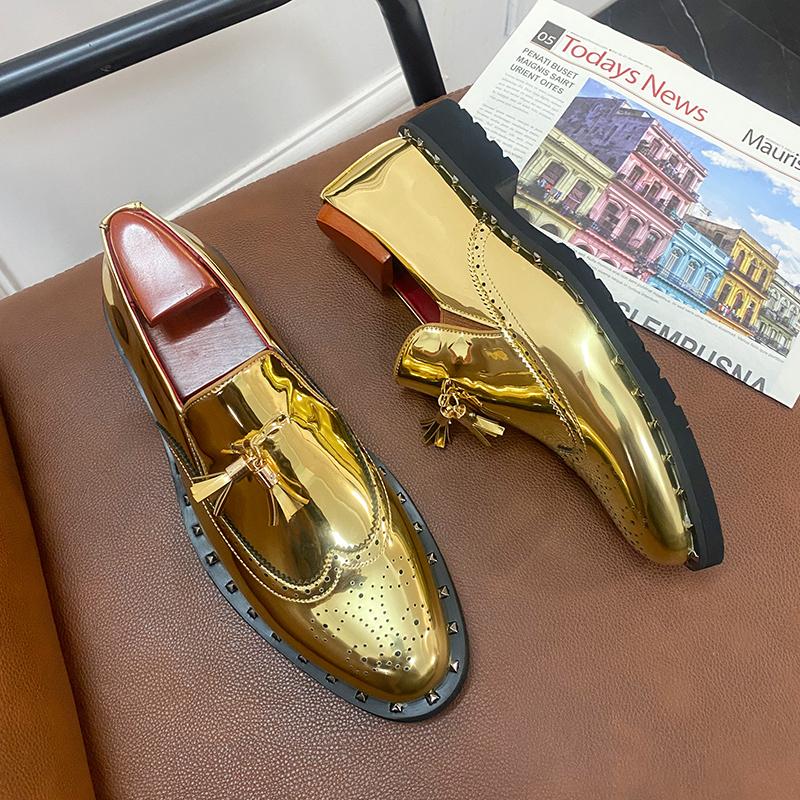 Мужские золотые мокасины с кисточками, золотистые туфли с крылышками, стильные кожаные блейзеры для выпускного, танцевальные туфли в стиле диско, большой размер
