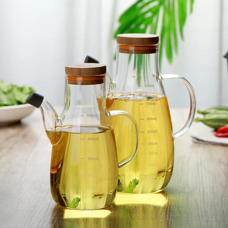 Transparent Glass Oil Bottle with Lid Handle Scale Heat-resistant 500/800ml Soy Vinegar Sauce Environmental Protection Container