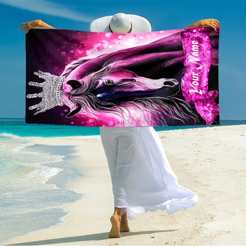 1PC Custom Name Royal Horse Majesty Beach Towel Highly Absorbent And Sand-Resistant Towel for Swimming, Pool, Yoga, And Travel Lightweight