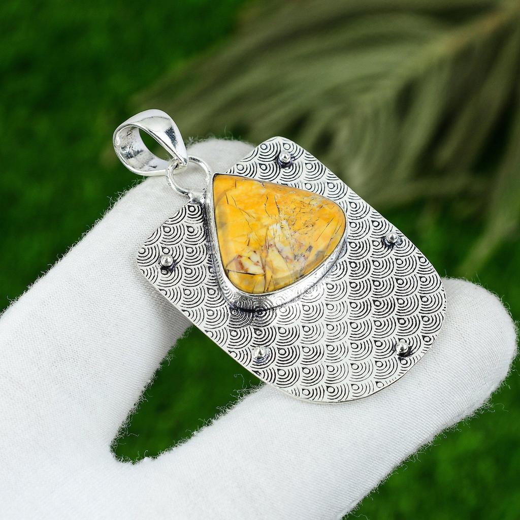 925 Silver Pear Natural Brecciated Mookaite Boho Art Deco Ethnic Bezel Pendant