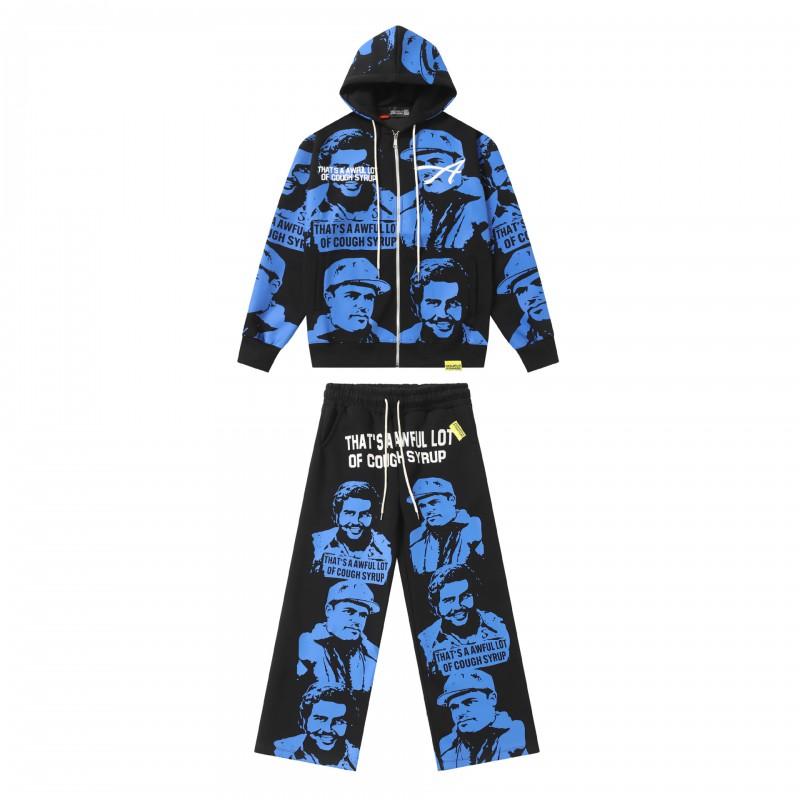 Unisex Streetwear Hooded Zip-Up Sweatshirt Jogger Set Cotton Loose Fit Casual Outfit