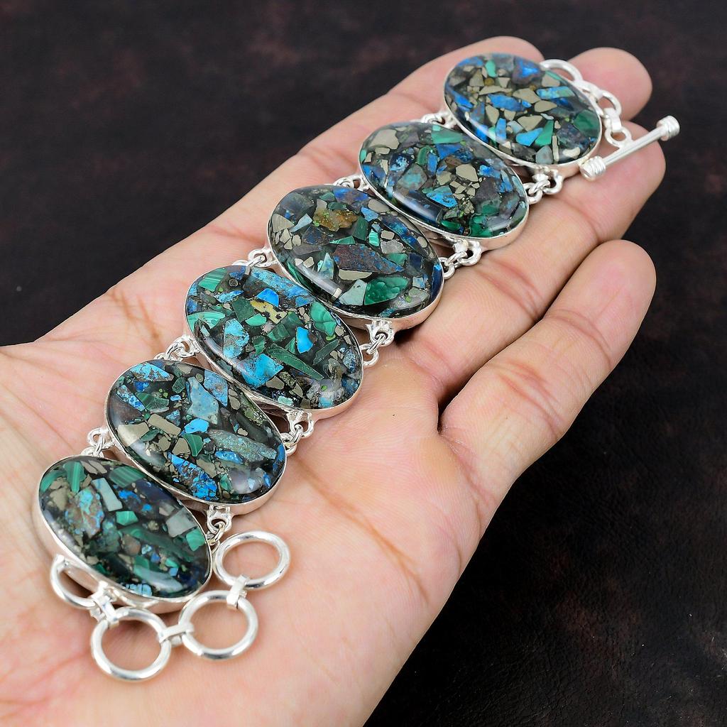 Медный браслет из азурита и малахита, браслет из стерлингового серебра 925 пробы, регулируемый браслет-цепочка ручной работы, подарок для друга, красивые ювелирные изделия из драгоценных камней