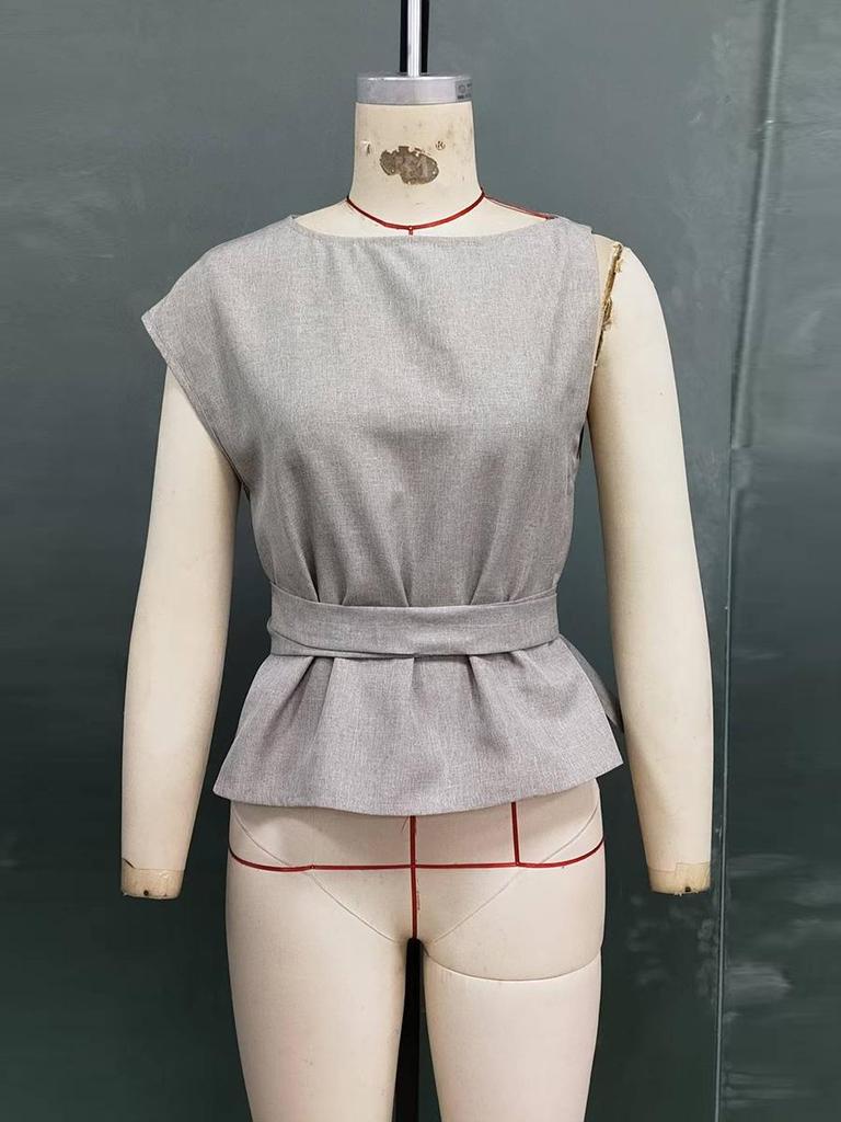 Women's Sleeveless Waist-Gathering Polyester Blouse