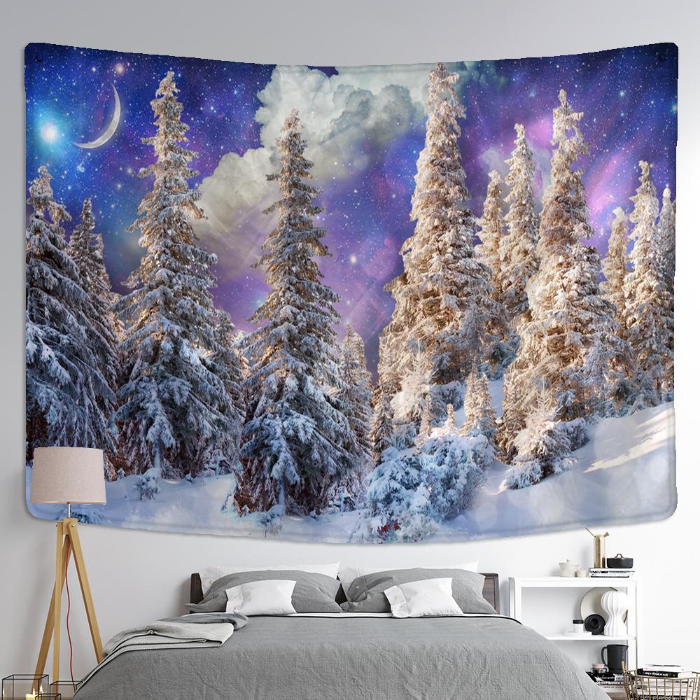Снежный ночной пейзаж Гобелен Настенный гобелен Сосна Красочное звездное небо Хиппи Простой и свежий Богемный декор комнаты
