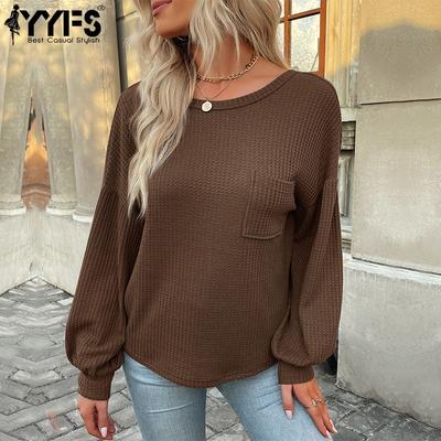 Женские модные повседневные весенне-осенние однотонные блузки и рубашки с круглым вырезом и длинными рукавами с принтом