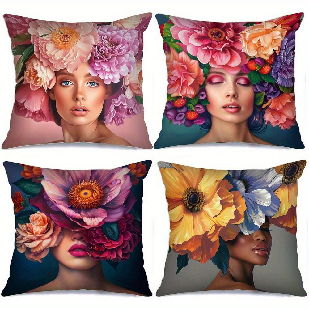 Home Decor Floral Portraits: Women & Colorful Blooms Pattern Cushion Cover Suitable for Sofa Bedroom Car Pillow Cover
