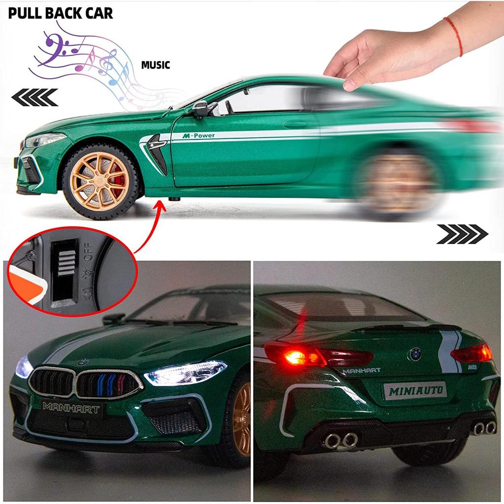 1:24 Scale M8 Model Car, Zinc Alloy Pull Back Toy Car with Sound and Light for Kids Boy Girl