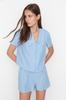 Women's Fashion New Pajama Set Blue 100% Cotton Collar Detailed Viscose Shirt-Shorts Woven Pajama Set