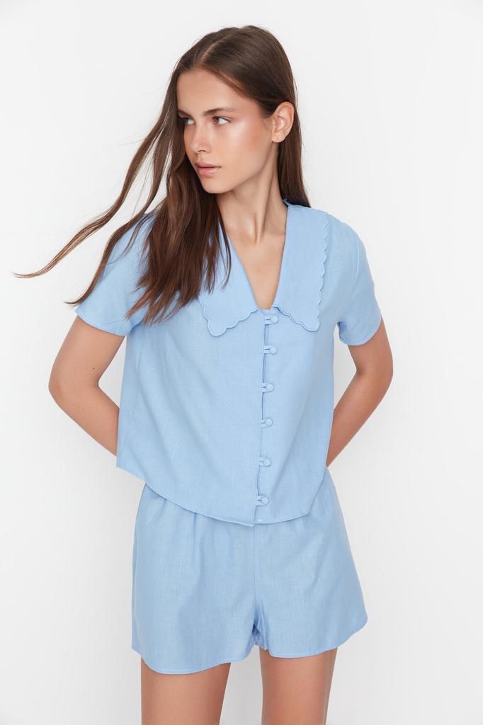 Women's Fashion New Pajama Set Blue 100% Cotton Collar Detailed Viscose Shirt-Shorts Woven Pajama Set