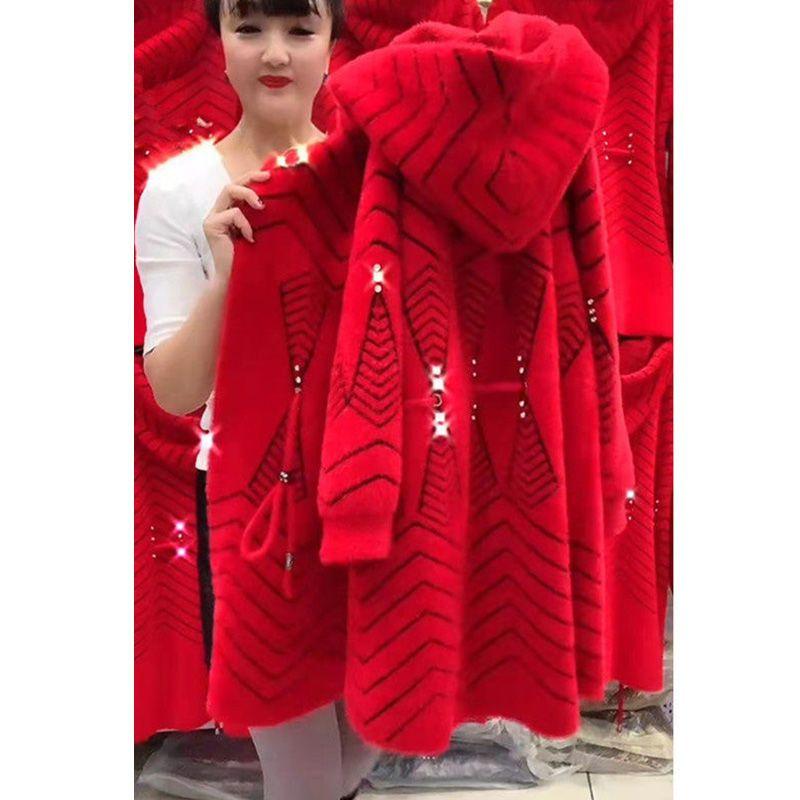 Женская зимняя куртка 4XL Длинное утолщенное пальто из искусственного норкового кашемира Вязаный кардиган для женщин среднего возраста Свитер