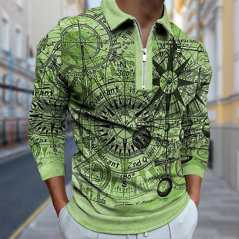 Polo Shirts Men Long Sleeve Precision Clock Print New Men's Polo Shirt Long Sleeve Zipper T-shirt Top