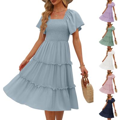 Женские модные однотонные шифоновые бабочки с коротким рукавом и квадратным вырезом, плиссированные платья