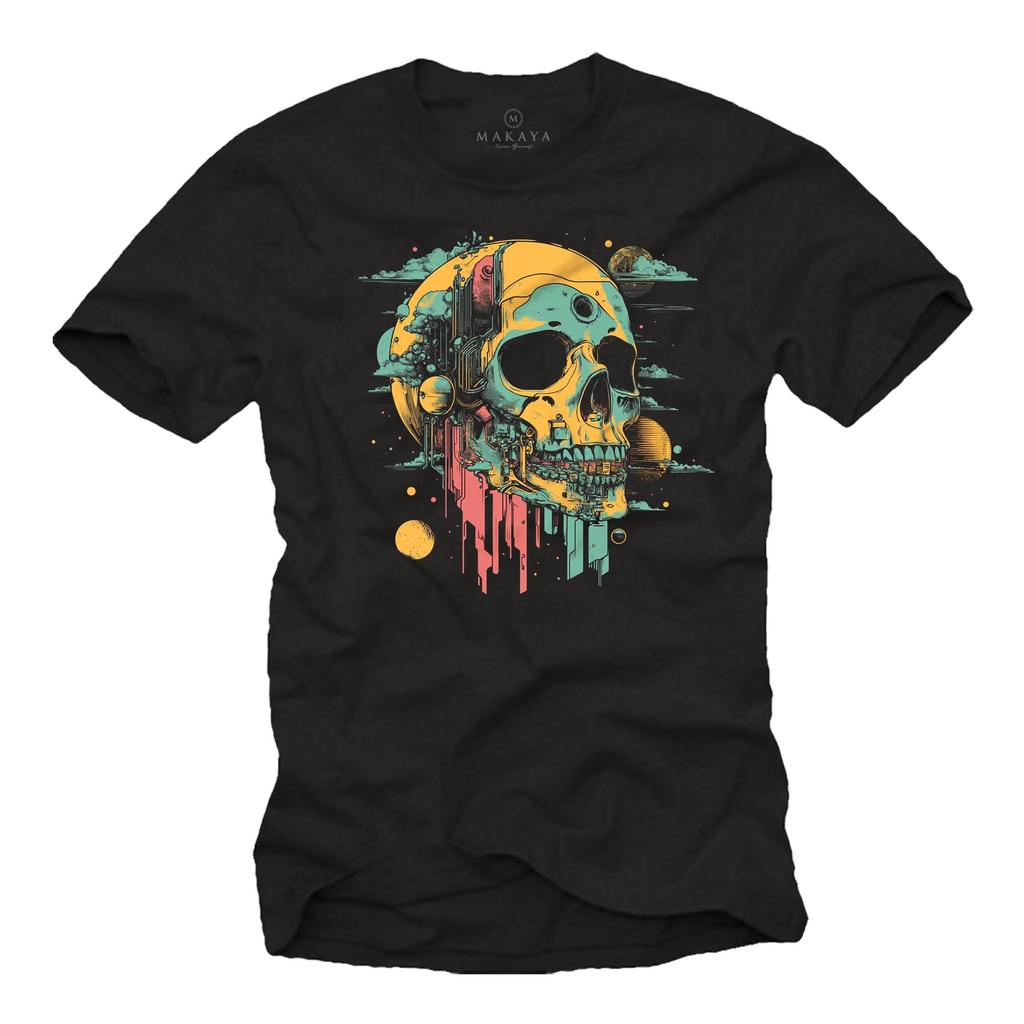 Colorful skull t-shirt for men, tattoo and streetwear style, fun shirt for rock festivals, graphic skull tee for guys & teens S-5XL