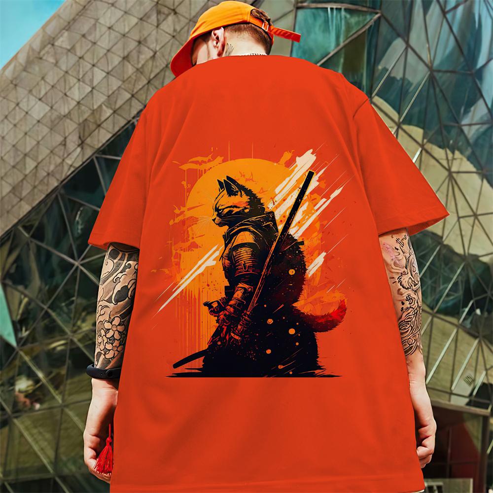 Новая мужская футболка с 3d самурайским котом, футболка с короткими рукавами, лето 2024, быстросохнущие повседневные футболки, топы, повседневная футболка большого размера для мужчин