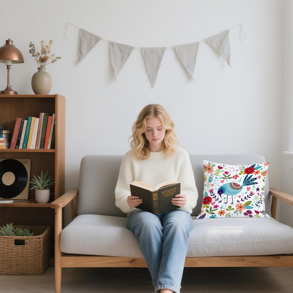 Boho Floral Bird Pillow Cover 18x18 Inches, Colorful Flower & Bird Pattern, Rustic Botanical Home Decor, Nature Lover Gift, Farmhouse Accent