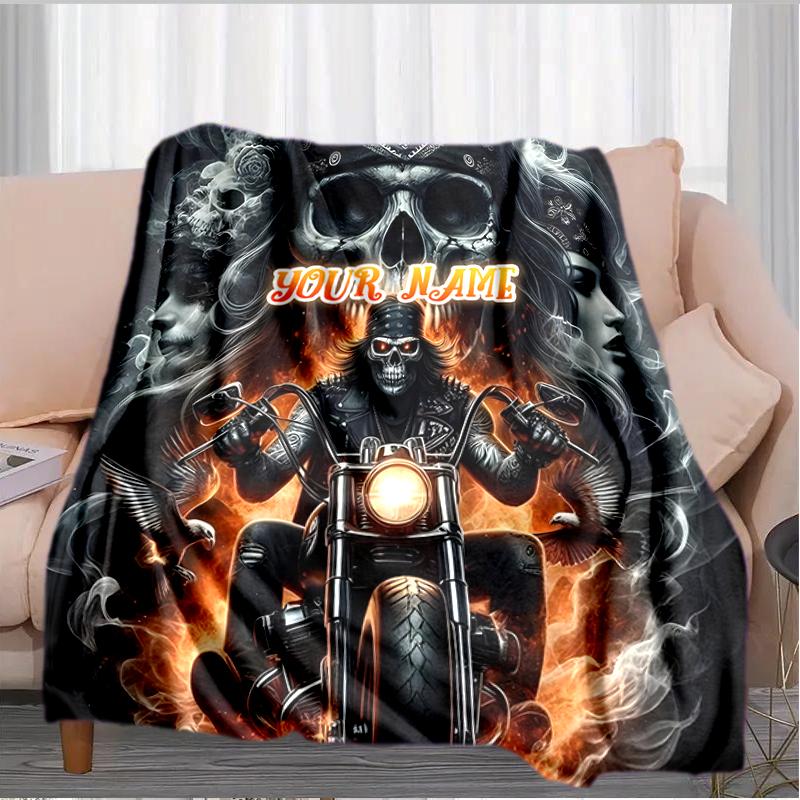 1PC Custom Name Skull Biker Flames outdooor Flannel blankets Throw Blanket All-Season Throw Gift Bedspread for Couch, Bed, Camping Holiday Birthday gi